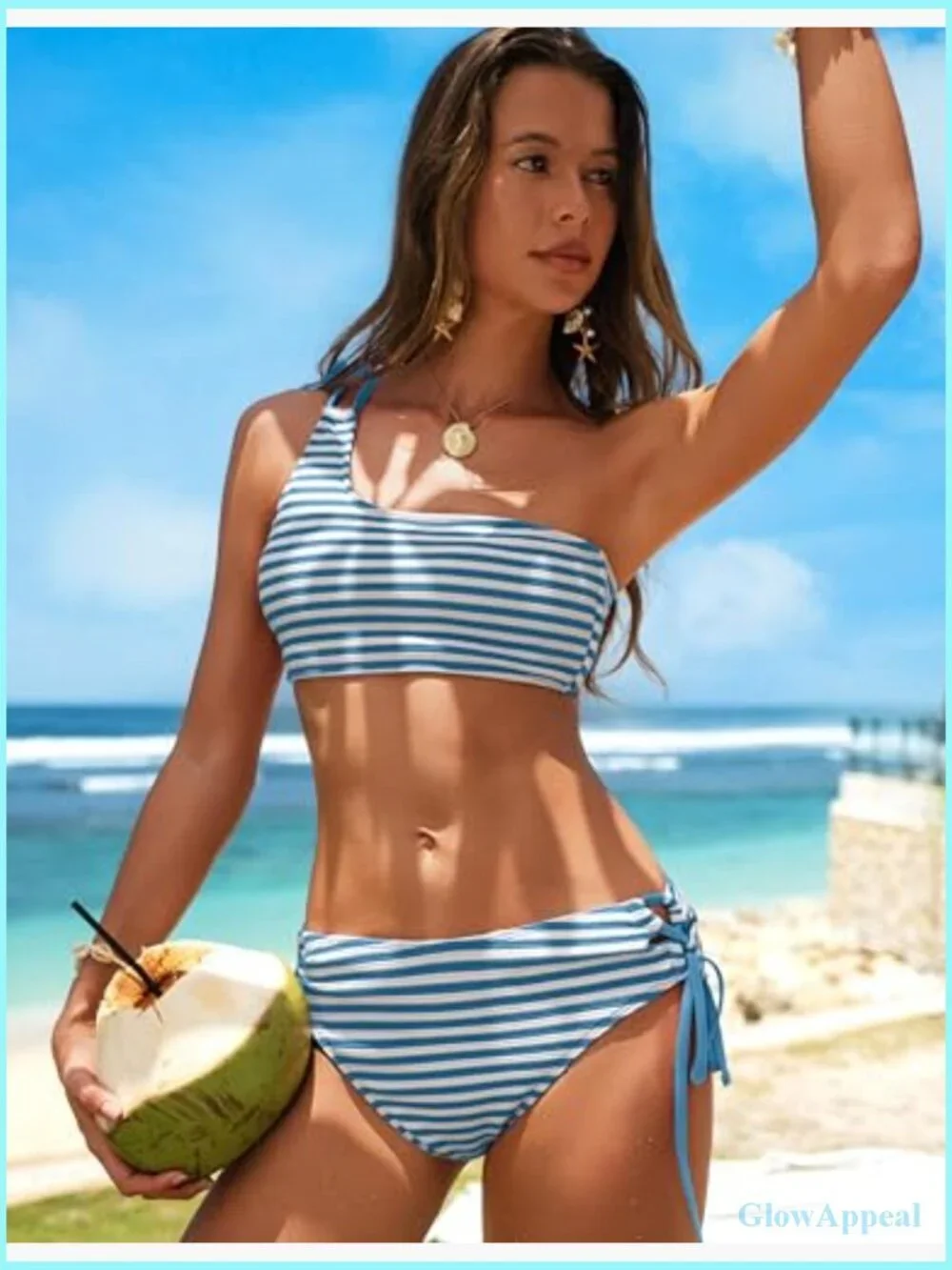 One Shoulder Bikini Set Double Straps Tummy Control High Waisted Bandeau